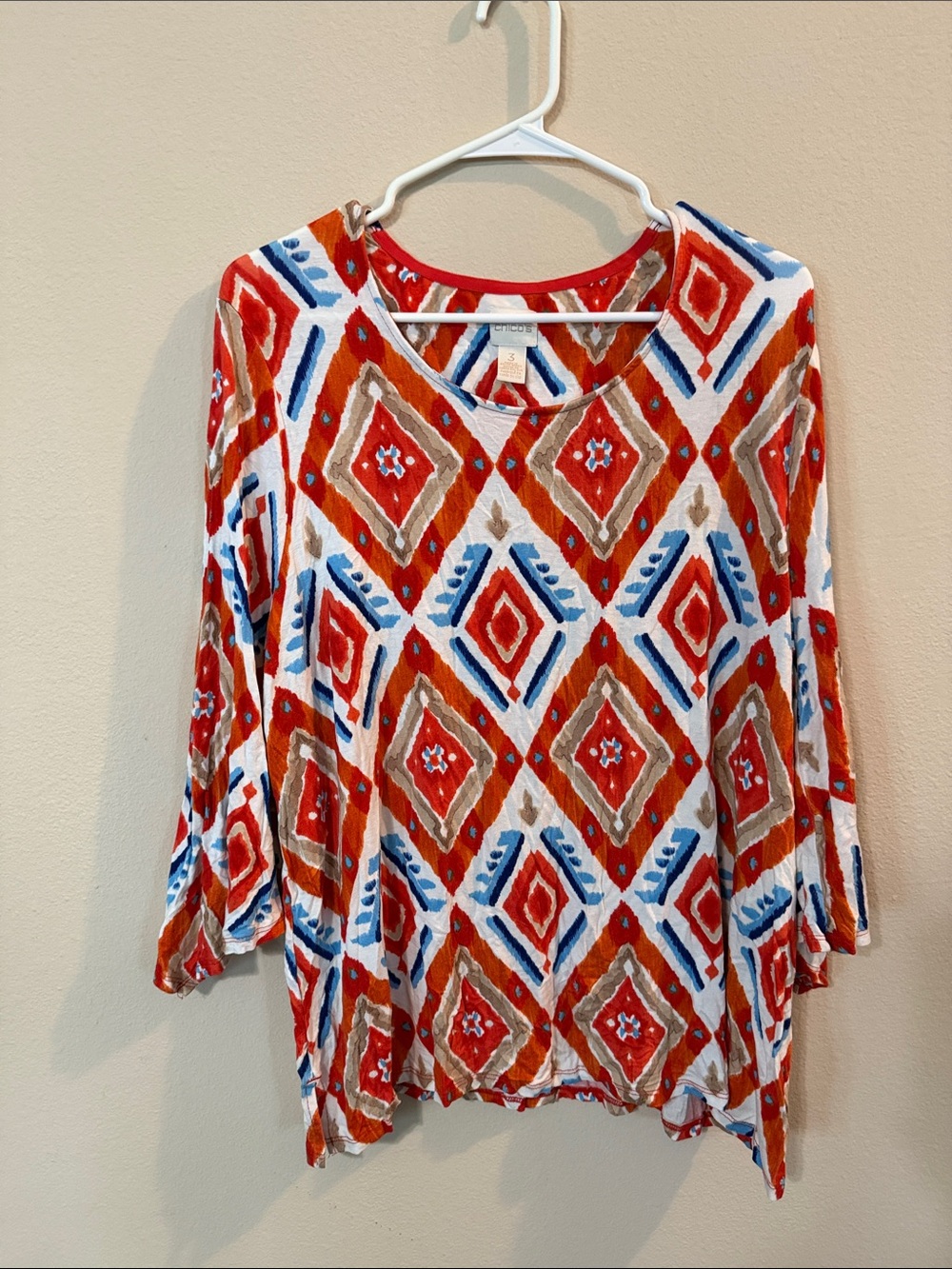 Chico's Red Multi Diamond Print Long Sleeve Tee